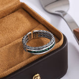 S925 Sterling Silver Unique Design Emerald Zircon Woven Fried Dough Twist Open-ended Ring