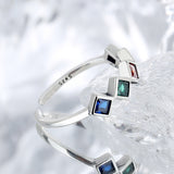 Small Design Geometric Rainbow Sterling Silver Inlaid Color Zircon Ring