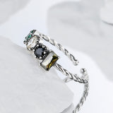 S925 Sterling Silver Olive Green Square Zircon Twisted Rope Chain Irregular Inlaid Index Ring