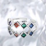 Small Design Geometric Rainbow Sterling Silver Inlaid Color Zircon Ring