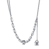 S925 Sterling Silver Print Necklace Women's Retro Style High Class Lock Tassel Chain Rework Double Layer Splice Sweater Chain