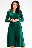 Elegant Shawl Collar Dress with Flared Bottom and Binding