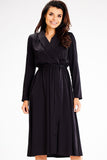 Elegant Flared Dress with Shawl Collar and Crease Detail