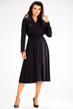 Elegant Flared Dress with Shawl Collar and Crease Detail