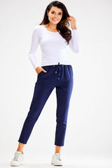 Adjustable Fitted Pants with Side Pockets and Elastic Waist - navy blue / M