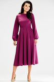 Elegant Midi Blouson Dress with Long Sleeves and Zipper
