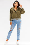 Stylish Hooded Bomber Sweatshirt with Striped Ribbing
