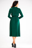 Elegant Shawl Collar Dress with Flared Bottom and Binding