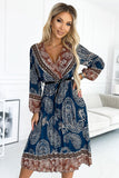 Chiffon Pleated Midi Dress with Long Sleeves and Belt