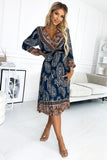 Chiffon Pleated Midi Dress with Long Sleeves and Belt