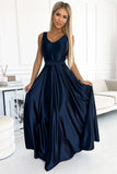 Navy Blue Satin Maxi Dress with Neckline and Bow