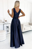Navy Blue Satin Maxi Dress with Neckline and Bow