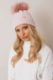Stylish winter beanie with turn-up, plaid weave, and pom-pom.