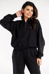 Stylish High Collar Sweatshirt with Zipper and Pockets - black / S/M