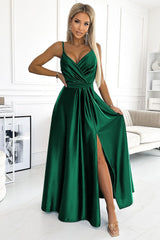 Elegant Green Satin Maxi Dress with Leg Slit - green / L