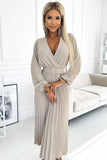 Beige Pleated Midi Dress with Envelope Neckline and Belt