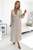 Beige Pleated Midi Dress with Envelope Neckline and Belt