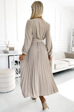 Beige Pleated Midi Dress with Envelope Neckline and Belt