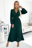 Pleated Midi Dress with Long Sleeves and Wide Belt