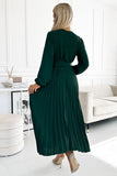 Pleated Midi Dress with Long Sleeves and Wide Belt