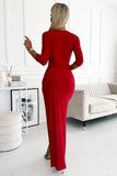 Glitter Red Maxi Dress with Leg Slit and Envelope Neckline
