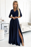 Elegant Navy Blue Lace Satin Maxi Gown with Slit
