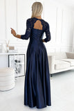 Elegant Navy Blue Lace Satin Maxi Gown with Slit