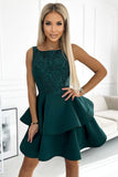 Bottle Green Dress with Flared Skirt and Lace Detail