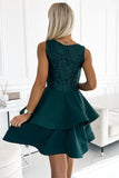 Bottle Green Dress with Flared Skirt and Lace Detail