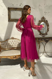 Elegant Midi Dress with Flared Layered Skirt and Mesh Trim