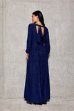 Elegant Brocade Maxi Dress with Back Cutout and Belt