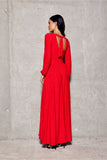 Elegant Brocade Maxi Dress with Back Cutout and Belt