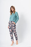 Elegant Floral Pajamas with Buttoned Placket and Pockets