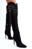 Chic High Knee Eco-Suede Stiletto Boots with Rhinestones