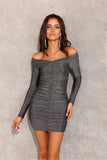 Glittery Mini Dress with Exposed Shoulders and Long Sleeves