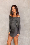 Glittery Mini Dress with Exposed Shoulders and Long Sleeves