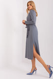 Elegant Midi Dress with Ribbed Texture and Tie Belt