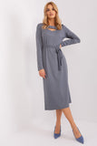 Elegant Midi Dress with Ribbed Texture and Tie Belt