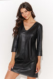 Eco-Leather Short Dress with Heart Neckline & Gold Detail