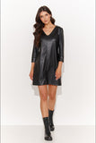 Eco-Leather Short Dress with Heart Neckline & Gold Detail