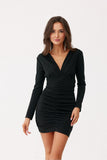 Chic mini dress with V-neck and flattering draping details.