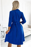 Shirred Flared Dress with Belt in Blue