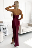 Burgundy Long Satin Dress with Side Slit and Draping