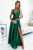 Elegant Green Satin Maxi Dress with Leg Slit & Crossed Straps