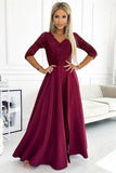 Elegant Burgundy Maxi Dress with Lace Neckline & Slit