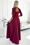 Elegant Burgundy Maxi Dress with Lace Neckline & Slit