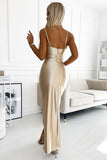 Beige Satin Dress with Slit and Side Draping