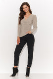 Elegant Fitted Women's Blouse with V-Neck and Buff Sleeves