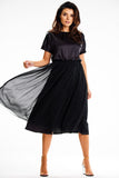 Satin and Mesh Midi Dress with Kimono Cut and Elastic Waist