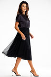 Satin and Mesh Midi Dress with Kimono Cut and Elastic Waist